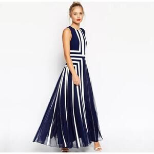 Asos Maternity Geometric Nautical Stripe Pleated Tulle Skirt Maxi Dress